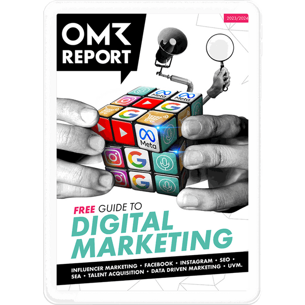 "Kostenloser Leitfaden zum Digital Marketing, OMR Report Cover, umfassende Strategien und aktuelle Trends im Online-Marketing für Unternehmen und Marketer."