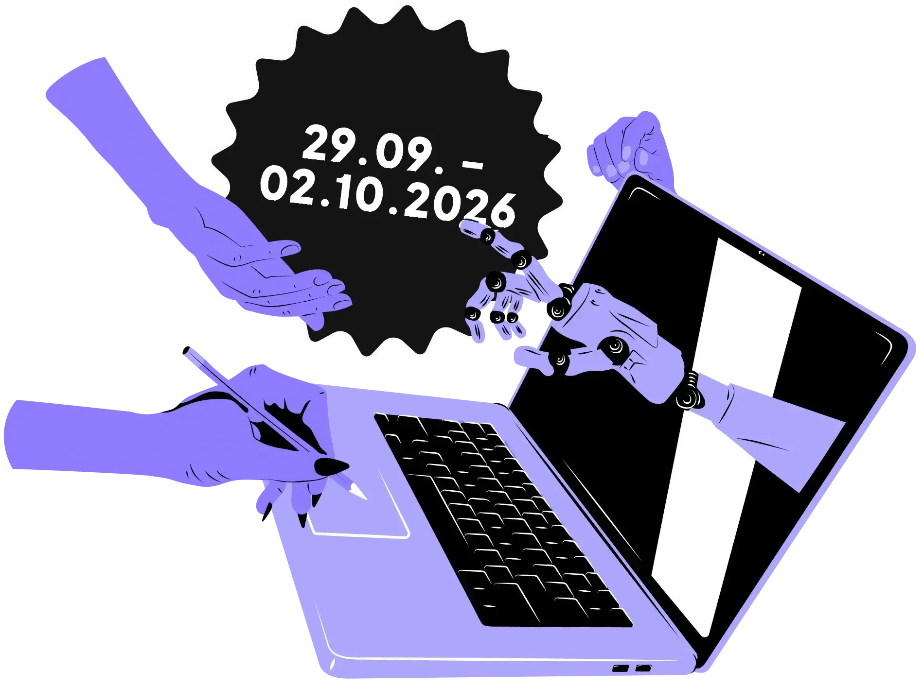 Digital Marketing School, 29.09.–02.10.2026 – Illustration: Laptop mit menschlicher Hand und Roboterhand