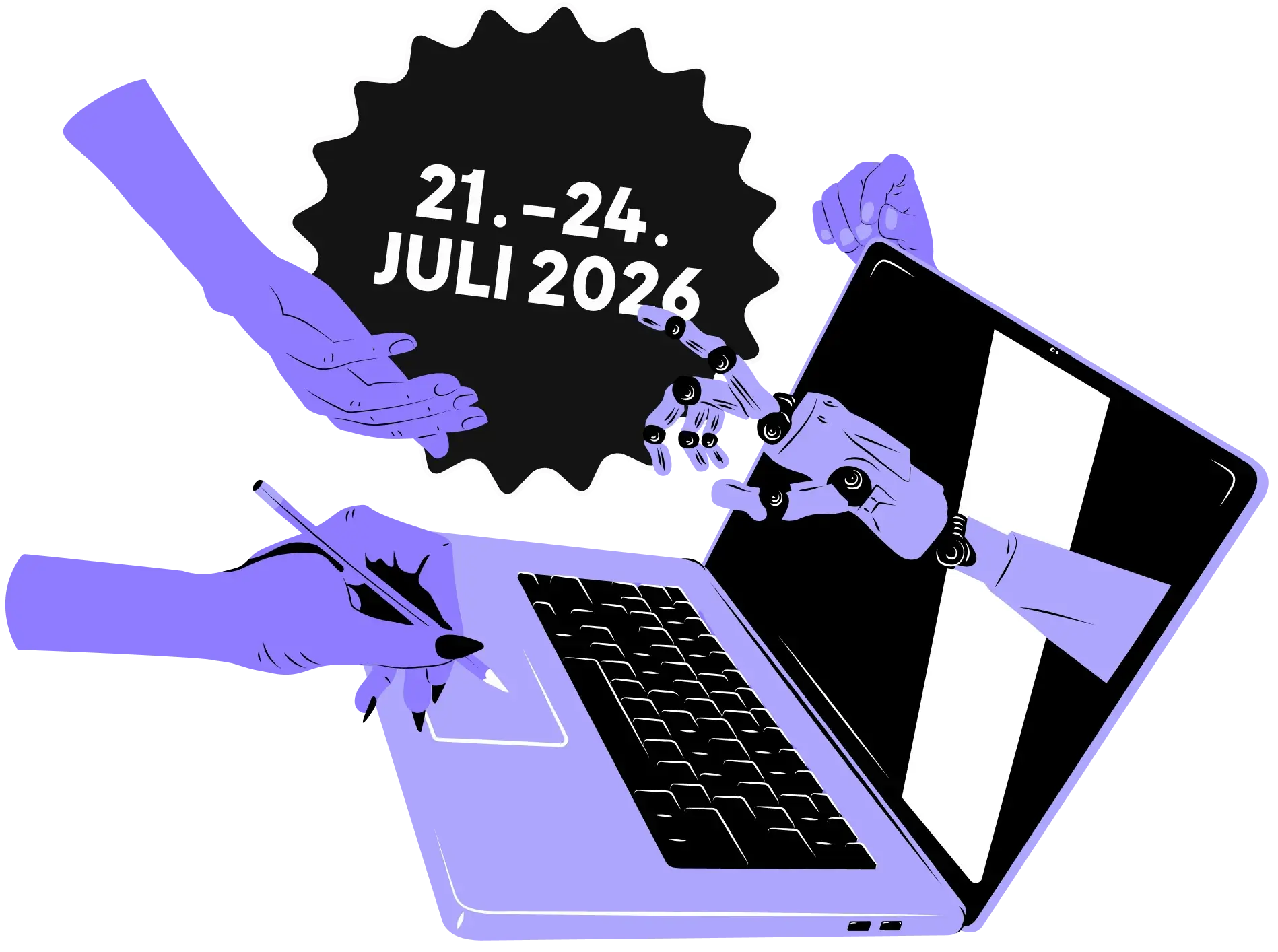 Digital Marketing School, 21.–24. Juli 2026 – Illustration: Laptop mit menschlicher Hand und Roboterhand